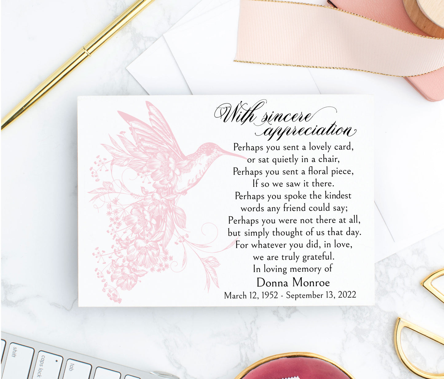 Sympathy thank you card with light pink hummingbird design, personalized with name and life dates.