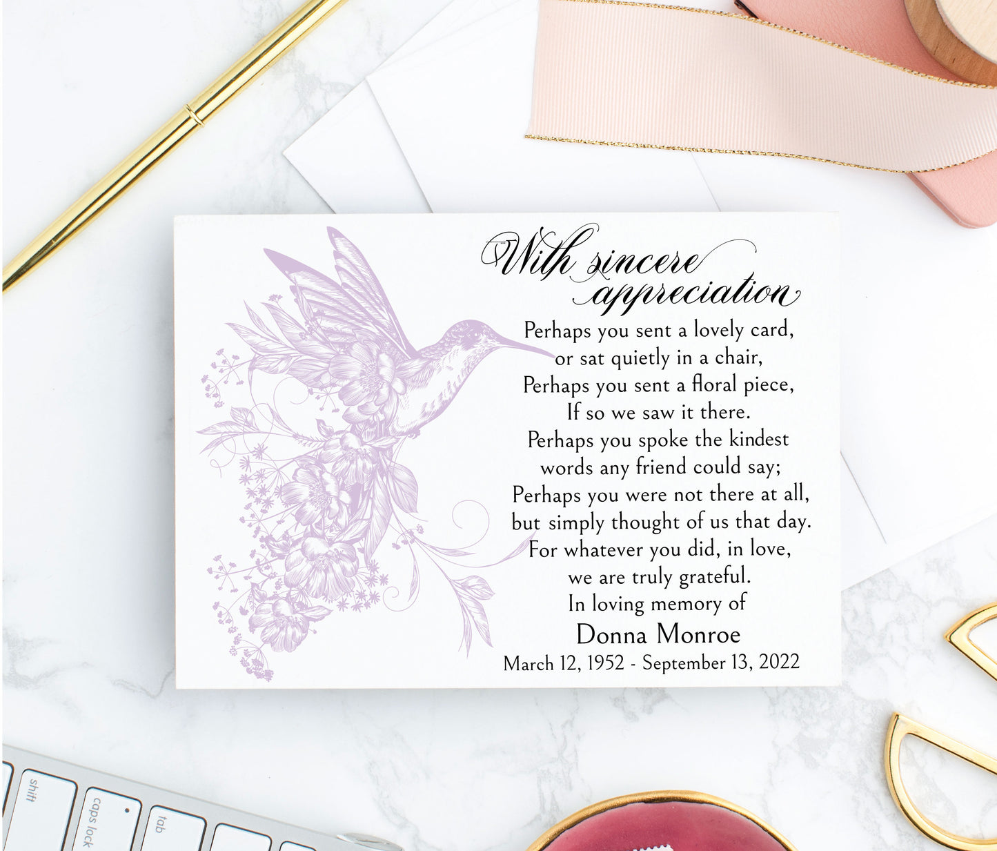Bereavement thank you cards with lavender hummingbird design personalized with name and life dates.