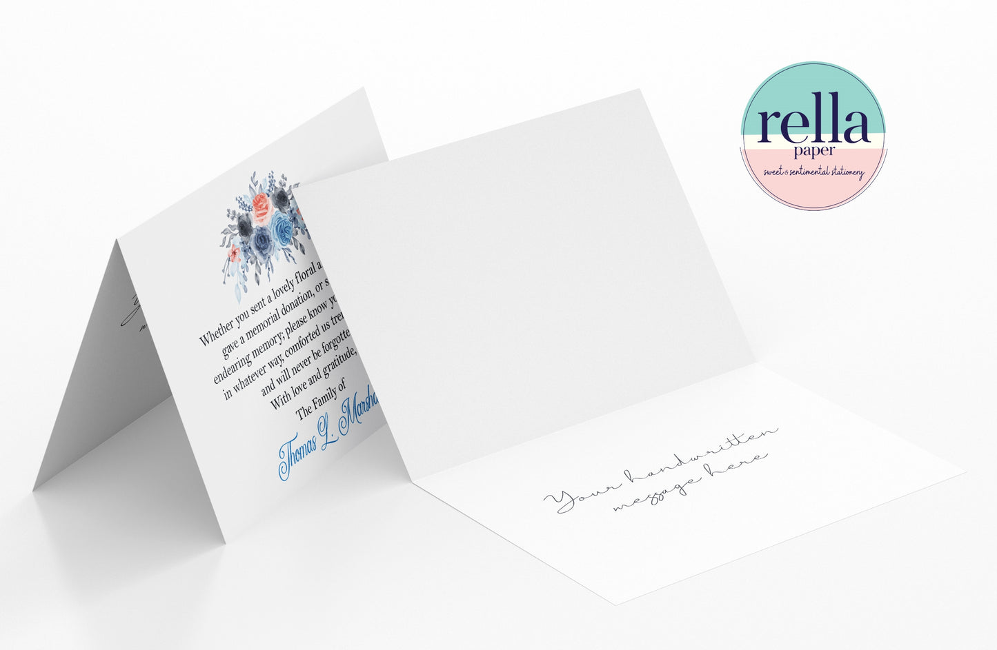 Personalized Blue Peach Floral Funeral Thank You Cards with Envelopes