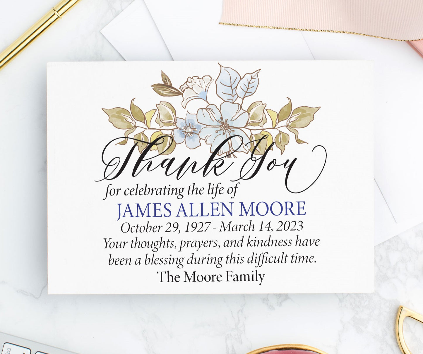 Blue Floral Sympathy Cards Personalized