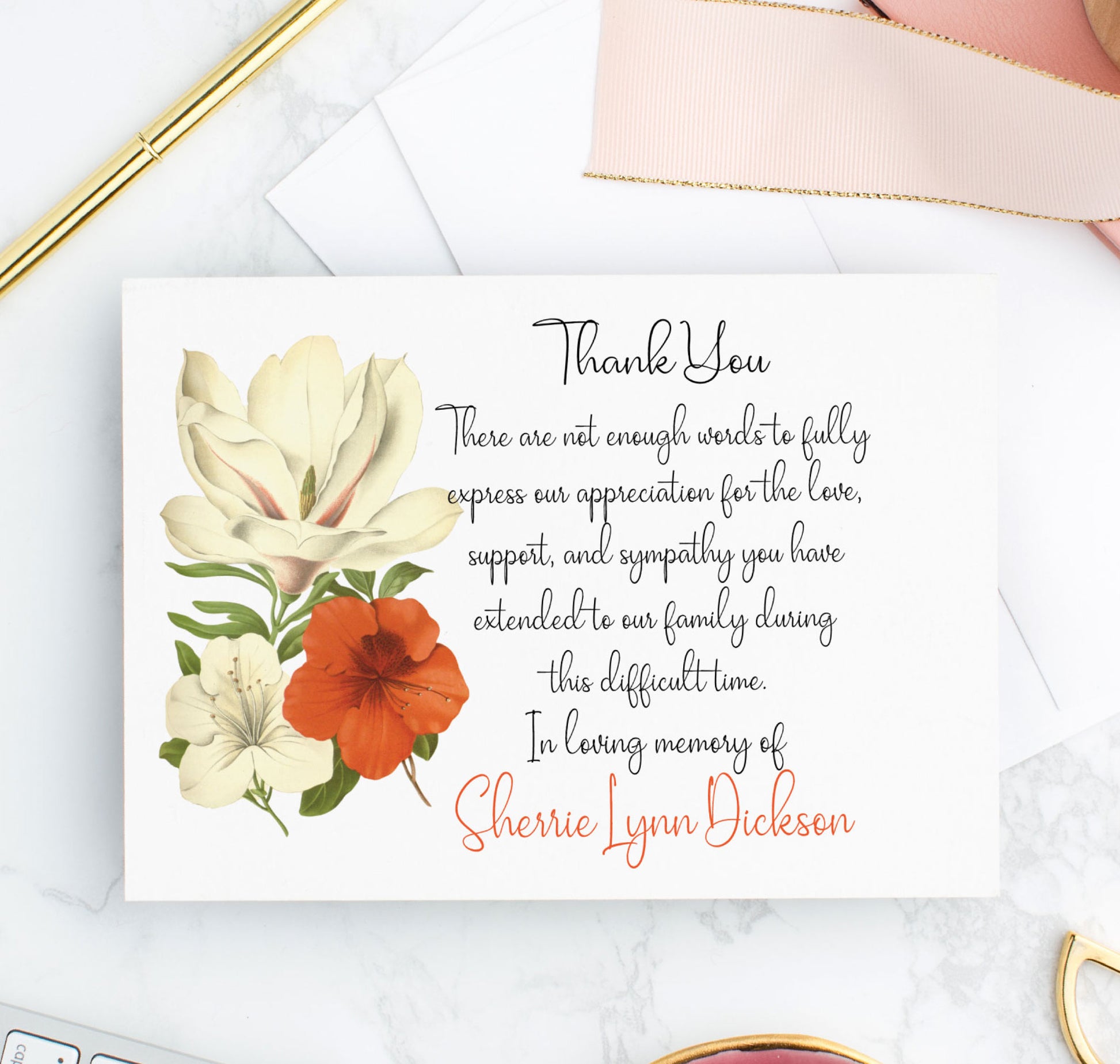 Red and white vintage floral funeral thank you cards with envelopes