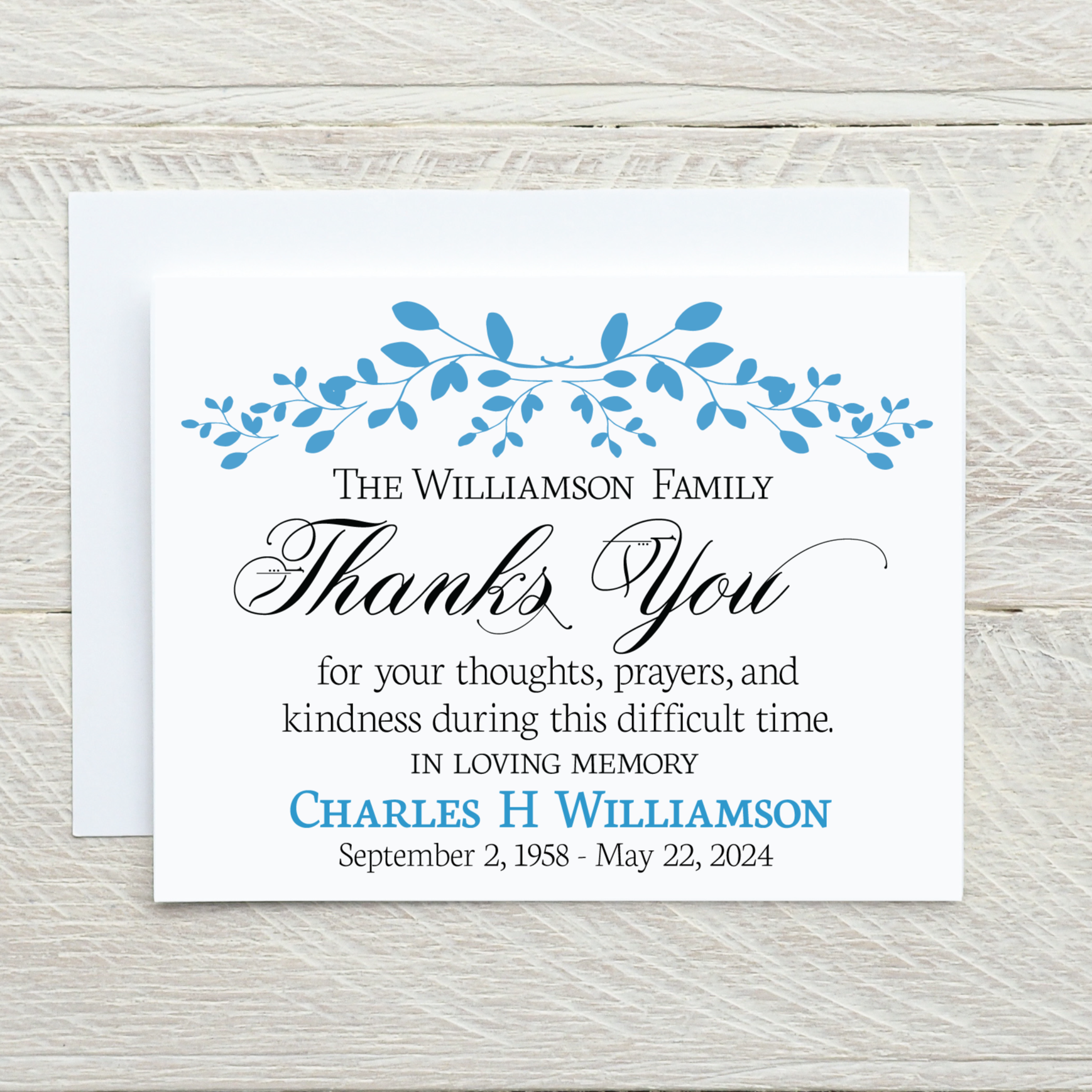 Personalized funeral thank you cards with simple floral design. Includes name and date of birth and date of death.