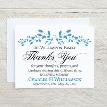 Load image into Gallery viewer, Personalized funeral thank you cards with simple floral design. Includes name and date of birth and date of death.