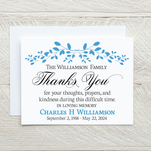 Personalized funeral thank you cards with simple floral design. Includes name and date of birth and date of death.