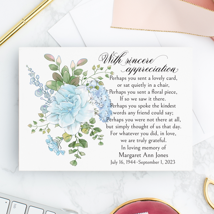 Blue floral sympathy thank you card for after funeral service