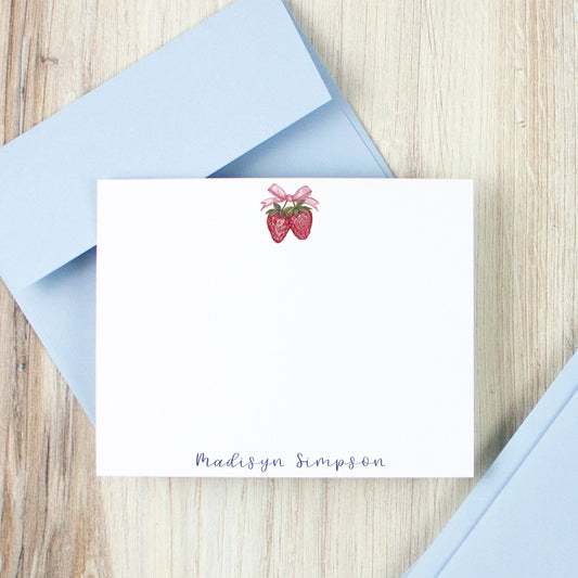 Personalized Strawberry with Pink Bow stationery set script font name