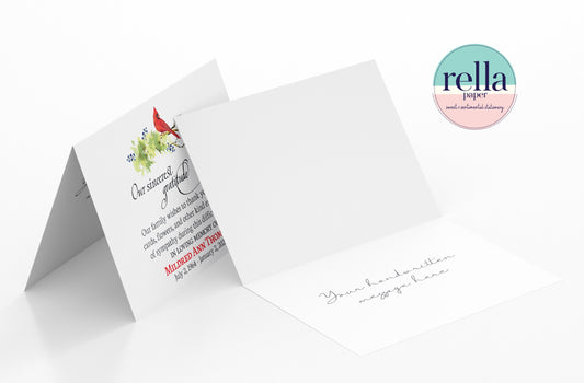 Funeral Thank You Card with Red Cardinal Personalized