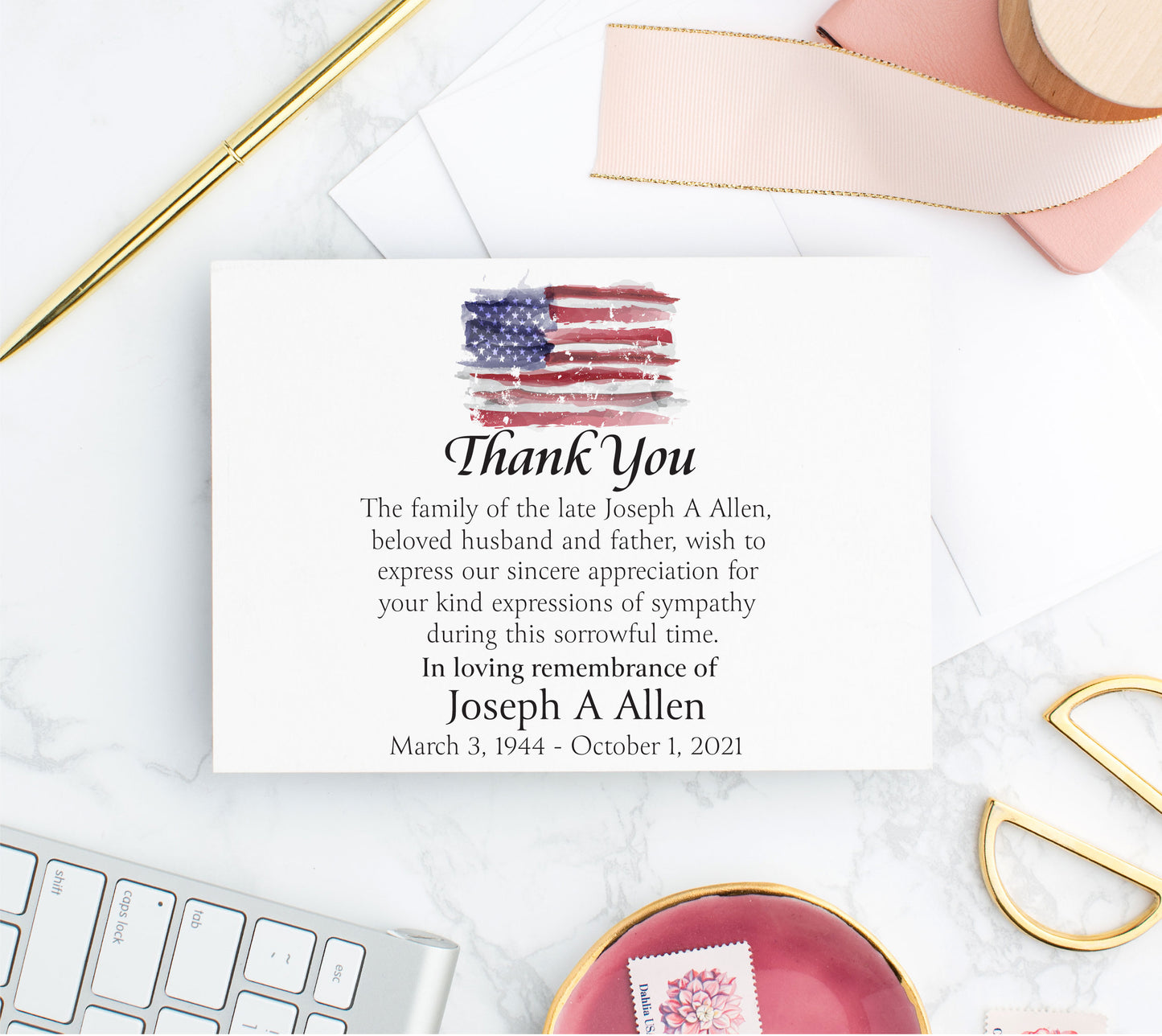 Personalized Sympathy Thank You Card with American Flag
