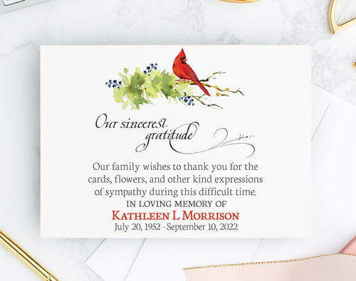 Red watercolor cardinal funeral thank you cards personalized