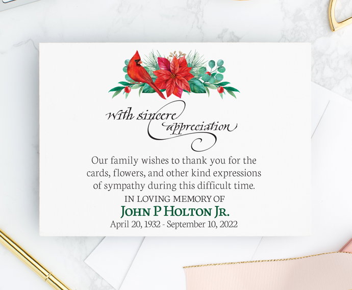 Christmas Bereavement Thank You Cards with Red Cardinal and Poinsettias