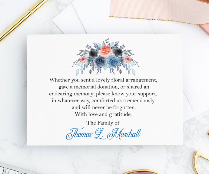 Blue Peach Floral funeral thank you cards