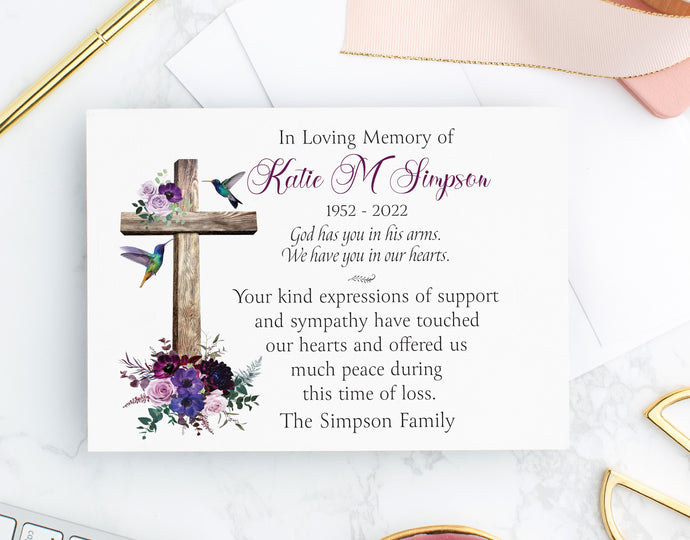 Religious funeral thank you cards with wooden cross, hummingbirds, lavender and purple  florals, personalized with name, dates, and family name. 