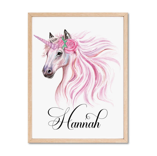 Personalized unicorn wall art with name in script font. Pink and white unicorn with flowy mane.